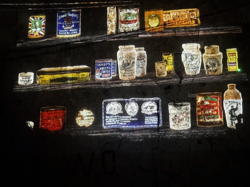 Various boxes of foodstuffs left behind by the tunnellers in the Wellington Quarry in Arras