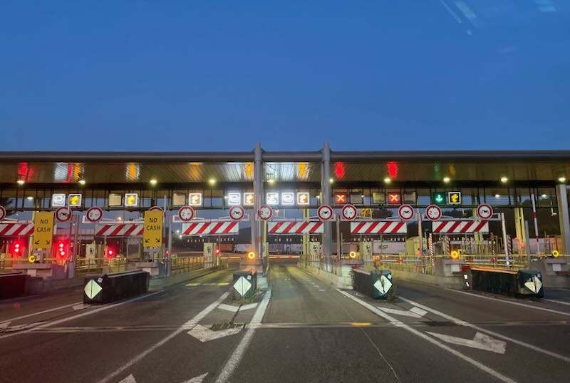 Autoroute toll signs in France, with various lanes you can choose from