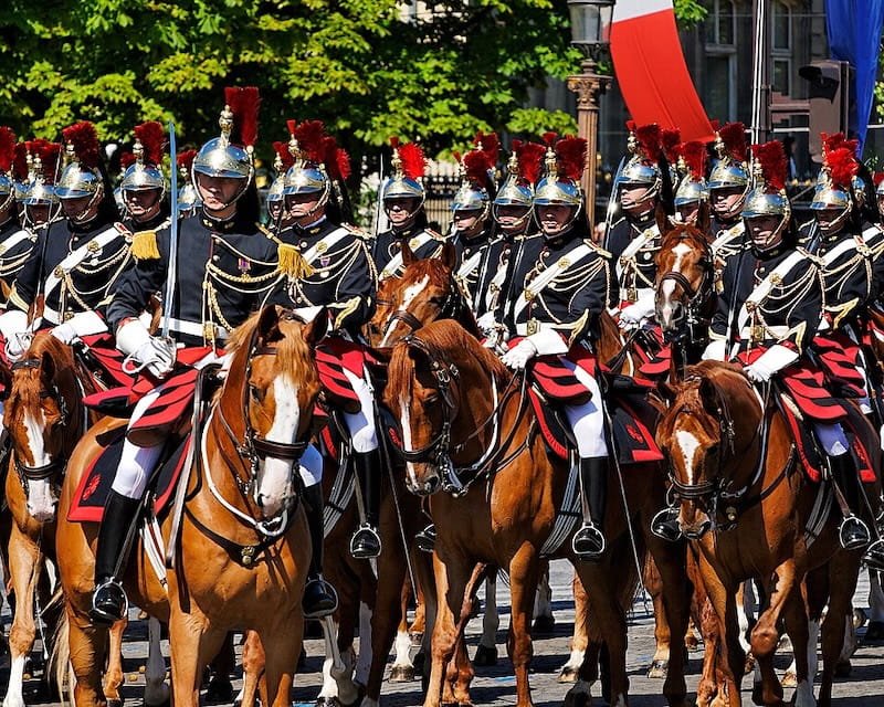 Horses and cavalry in Bastille Day parade in Paris