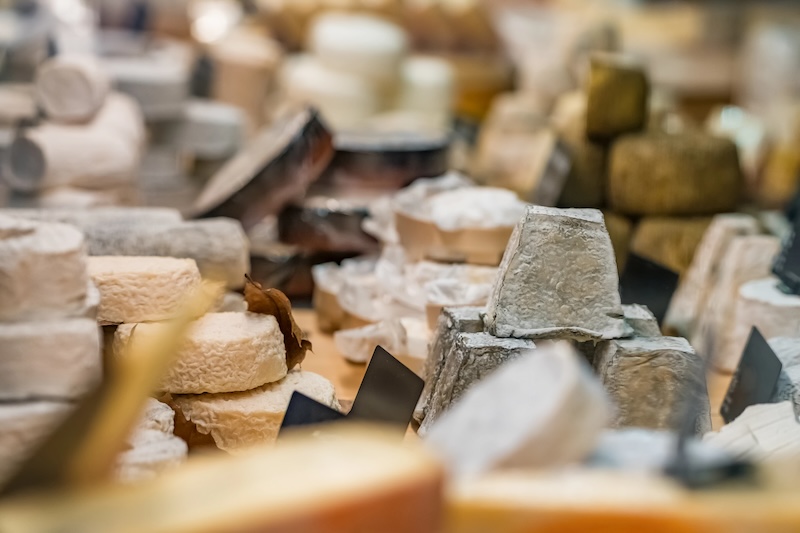 Cheeses displayed in Les halles in Biarritz