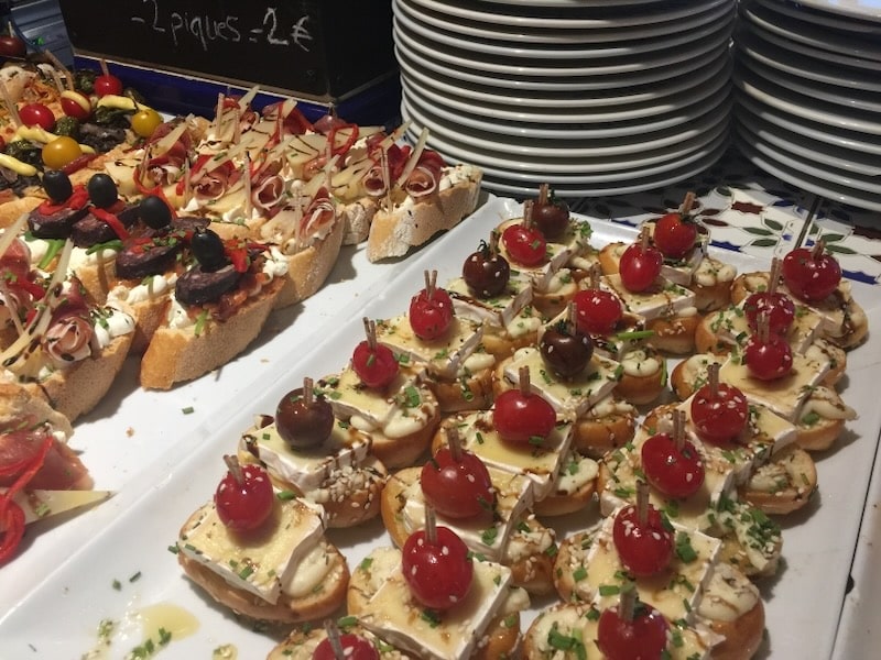 Rows of pintxos in a Biarritz bar