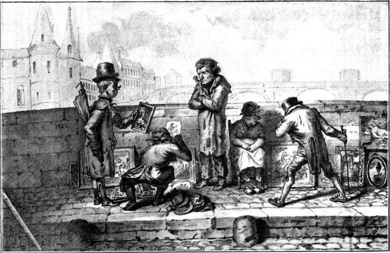 Old drawing of brocante on the streets of Paris