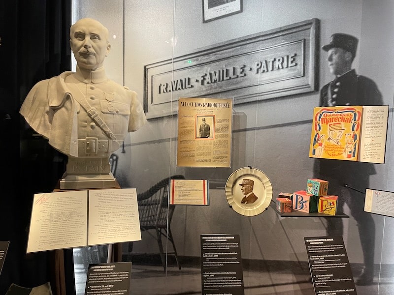 Bust and mementoes of Marshal Petain on display at the Caen Memorial