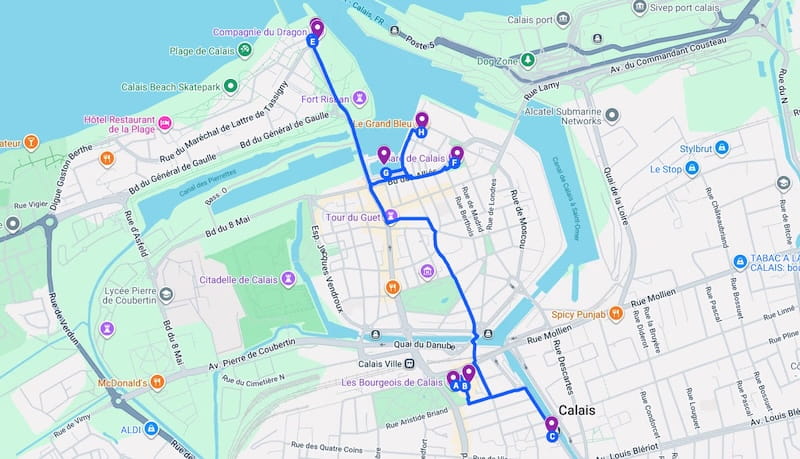 Google maps one-day Calais itinerary