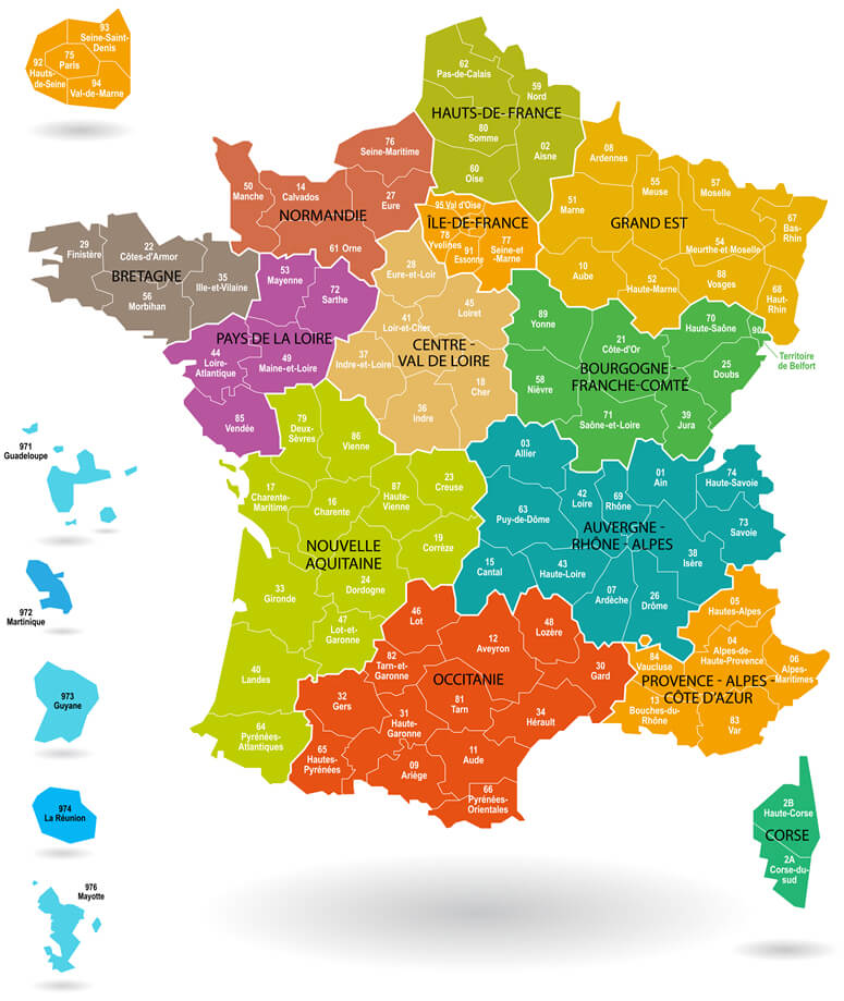 Carte De France Départements - Regions Et Departements Francais 2021 : Présentation d'une carte de france interactive à explorer avec le pays, son relief, ses villes et ses départements.
