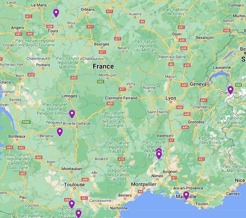 Map of the prehistoric caves of France