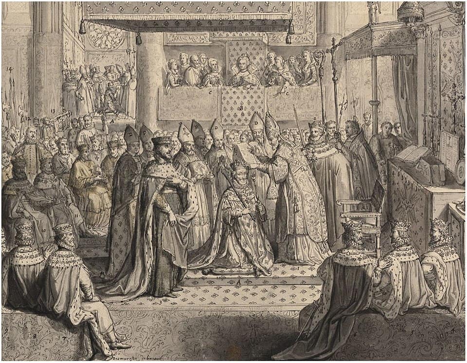 Illustration of the consecration of king Henri IV at Chartres Cathedral