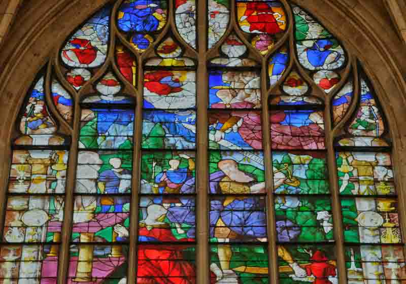 Stained glass windows in Chartres Cathedral, one of the easier trips from Paris by train