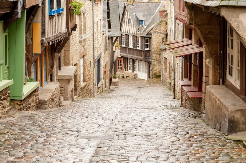 Steep cobblestoned Rue du Jerzual in Dinan, Brittany