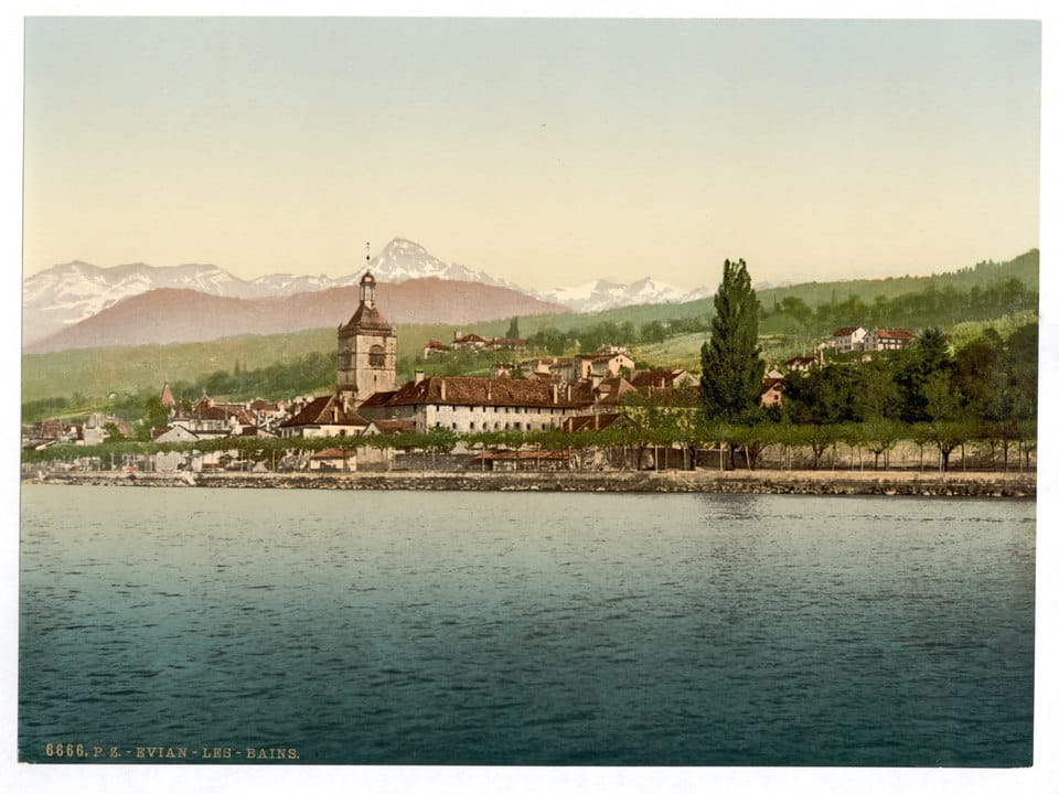 Nostalgic view of Evian-les-Bains from a boat on the lake