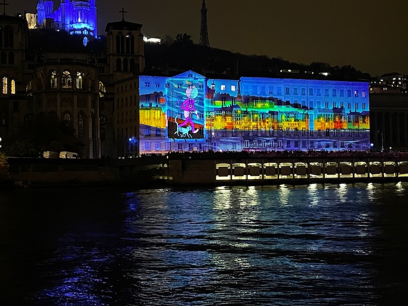 Lyon December 8 Fete des Lumieres - fantasy light illumination on a building