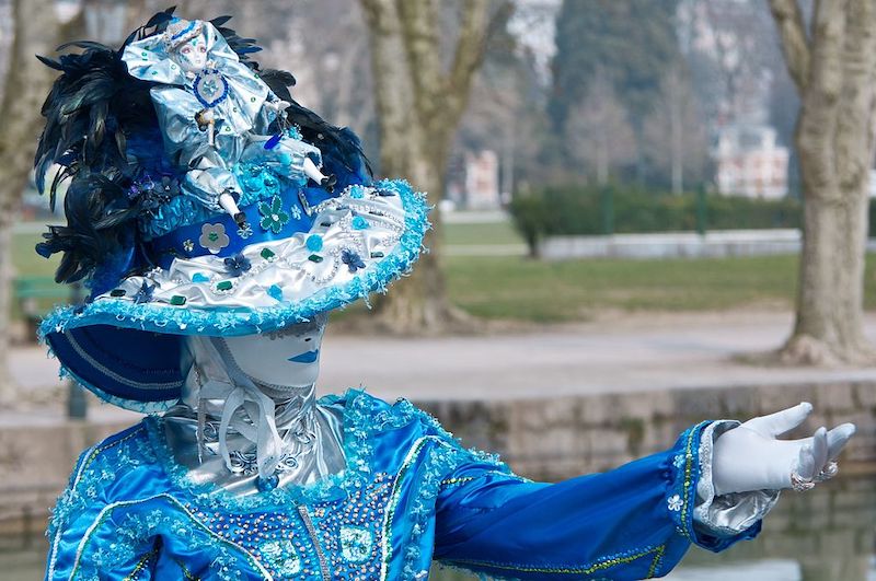Blue costume for Mardi Gras, one of the most famous festivals in France