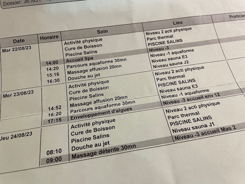 Typical schedule of a spa weekend, France