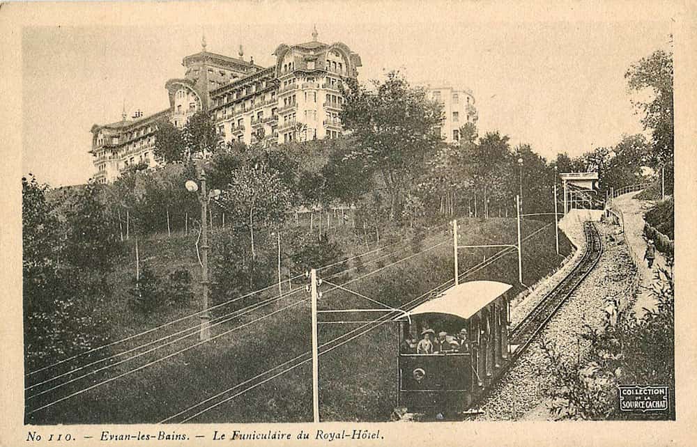 Postcard of the funicular leading up to the Evian Royal Hotel Postcard of the funicular leading up to the Evian Royal Hotel