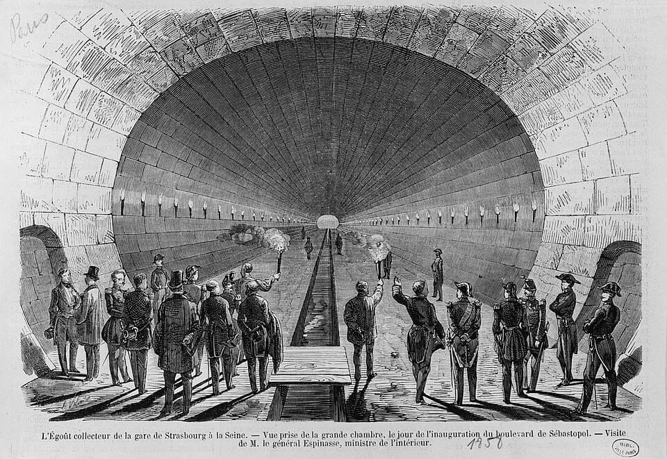 Drawing of inauguration of large sewer collector under Paris