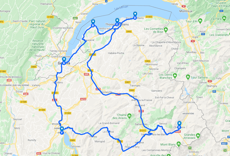 map itinerary French alps Lake Geneva