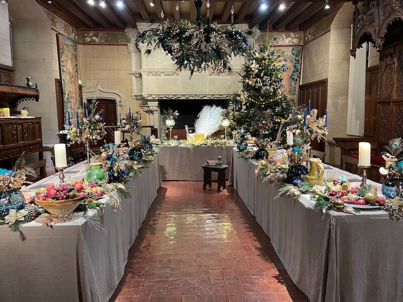 Luxurious banquet table all set for Christmas at Chateau de Langeais