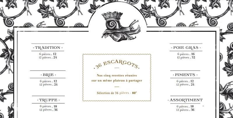 Different ways to eat escargot: menu from L'Escargot restaurant Different ways to eat escargot: menu from L'Escargot restaurant