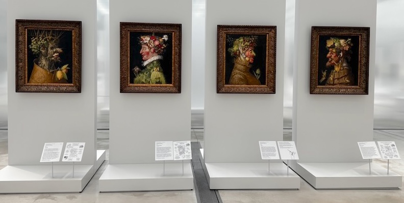 Four portraits by Giuseppe Arcimboldo, with faces composed of flowers, fruits, and plants representing the four seasons