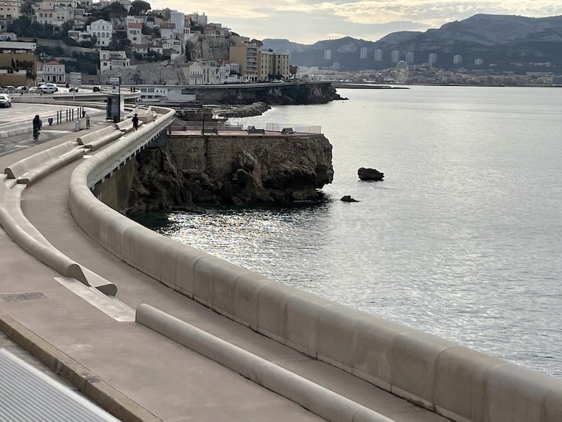 View of the corniche Kennedy in Marseille and its winding bench.