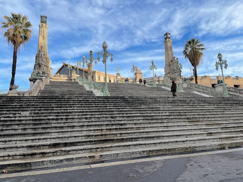 Monumental staircase of the Saint-Charles train station in Marseille.