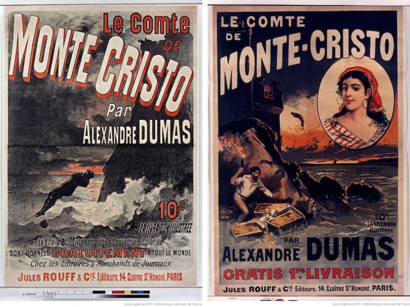 2 posters promoting the serialization of the Count of Monte Cristo in the late 1800s.