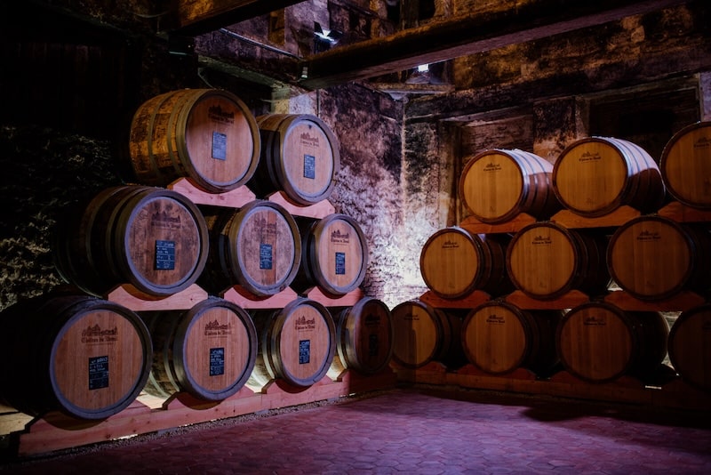 Oak barrels filled with calvados in Normandy