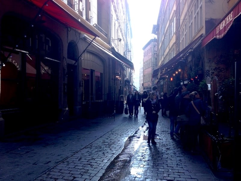 Wet winter cobblestones in Old Lyon
