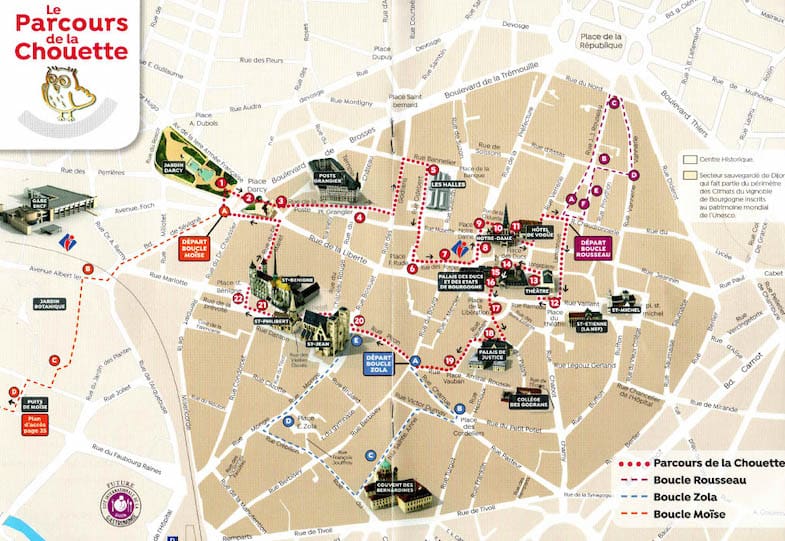 Map of the Parcours de la Chouette, the Dijon Owl Trail Map of the Parcours de la Chouette, the Dijon Owl Trail