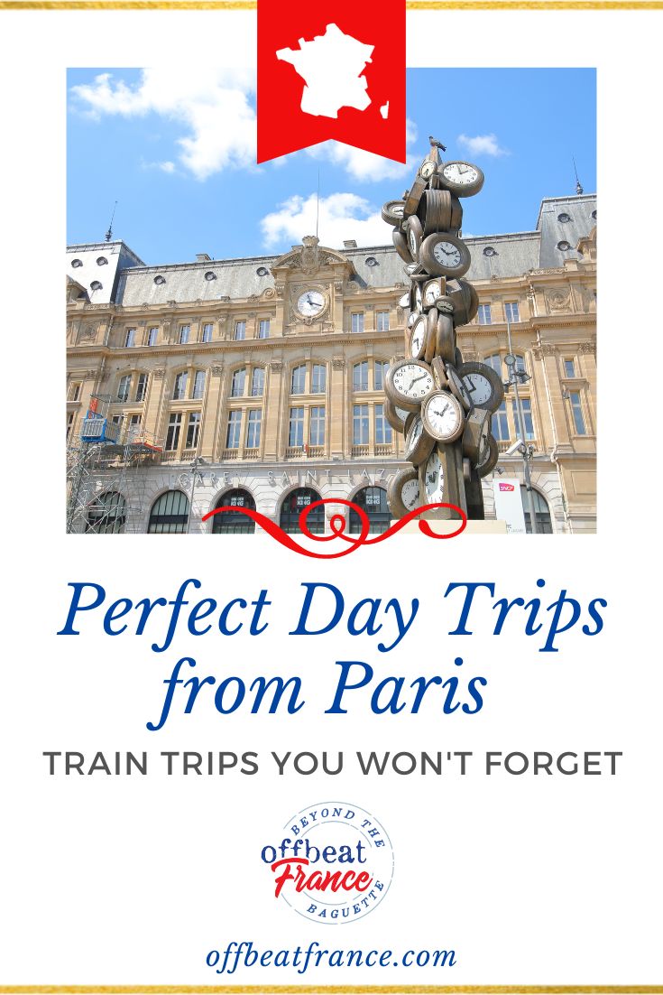 Day trips from Paris pin - clock sculpture outside Saint Lazare train station