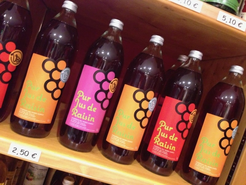 Grape juice in bottles for sale in the Beaujolais