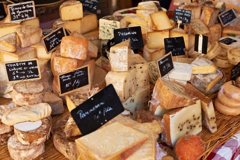 Cheeses in a market in Provence