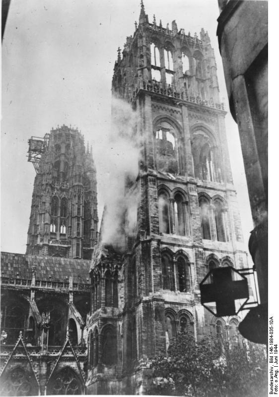 Rouen Cathedral during the 1944 bombing of the city by Allies Rouen Cathedral during the 1944 bombing of the city by Allies