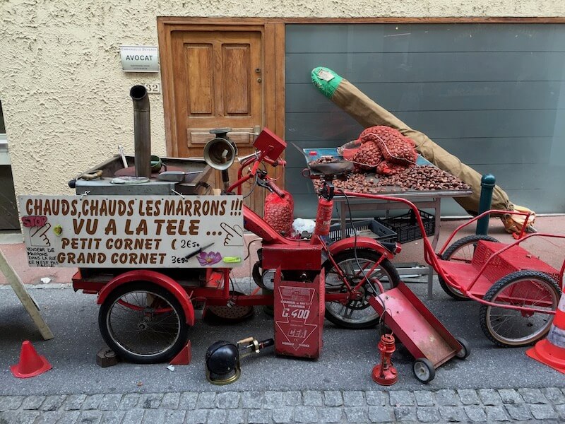 Chestnut machine at a country fair, France