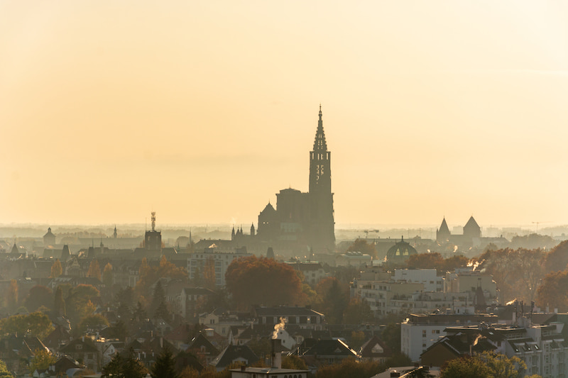 The unusual silhouette of the Strasbourg Cathedral with its single spire The unusual silhouette of the Strasbourg Cathedral with its single spire