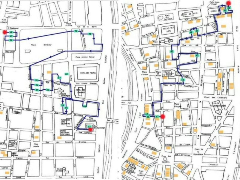 Maps of the traboules of Lyon in the Presqu'ile, both in the eastern and central part of the neighborhood