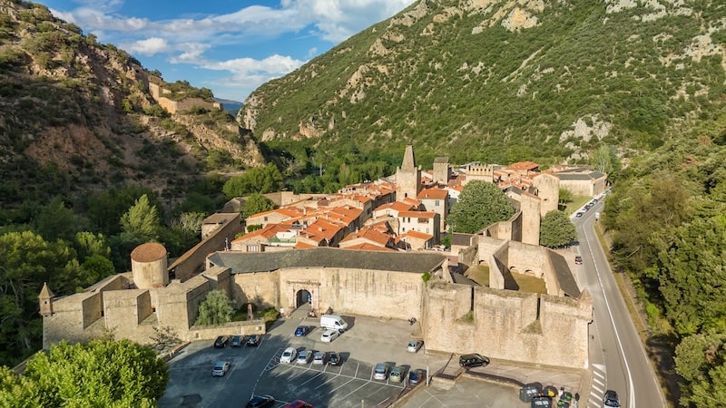 Aerial view of walled village of Villefranche-de-Conflent