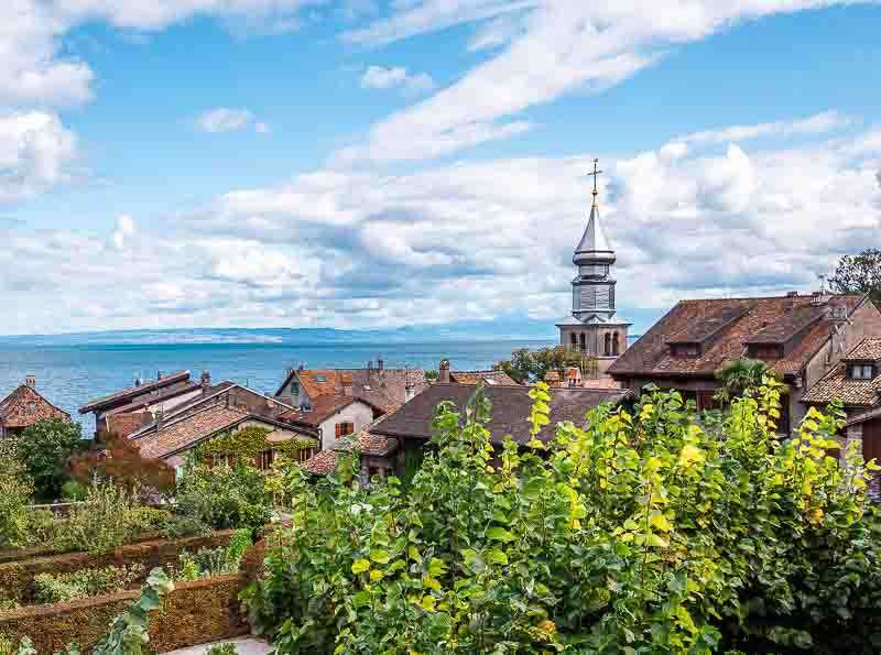 Rooftops of Yvoire France and St Pancrace church steeple